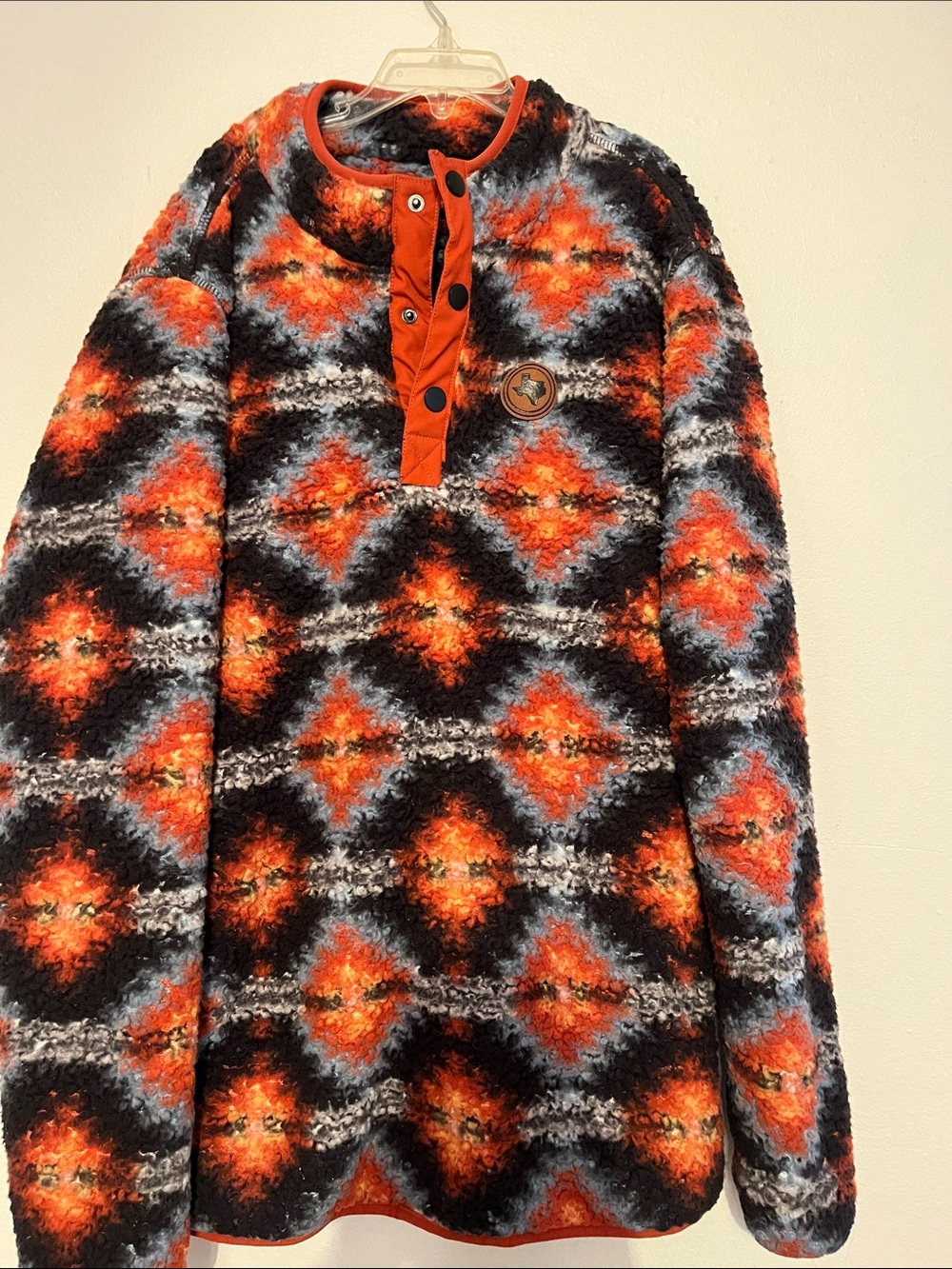 Women’s Fuzzy Pullover Puffer Sweater in Orange & Black - Cozy Geo Print